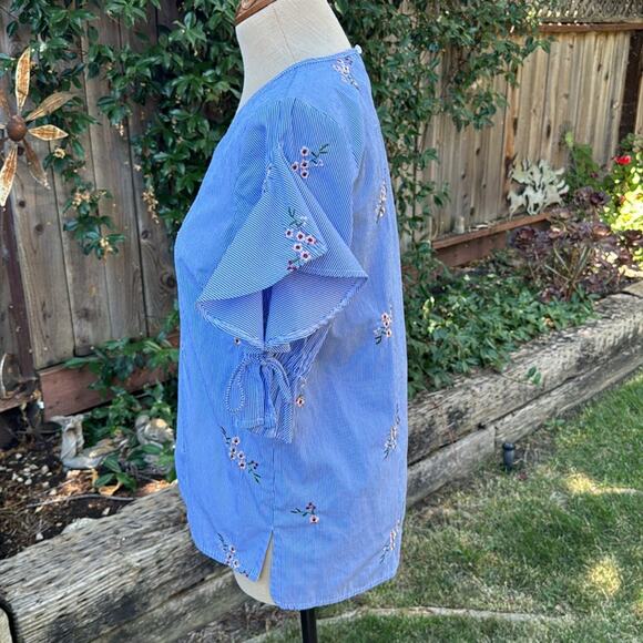 Love Scarlett Blue and White Striped Floral Ruffed Cold Shoulder Blouse Small - Picture 6 of 10